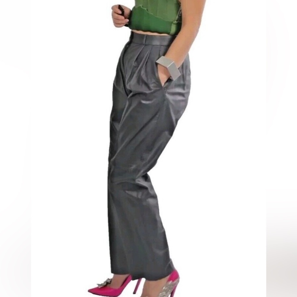Vintage High-Waisted Pleated Charcoal Gray Leather Pants – 80s/90s retro